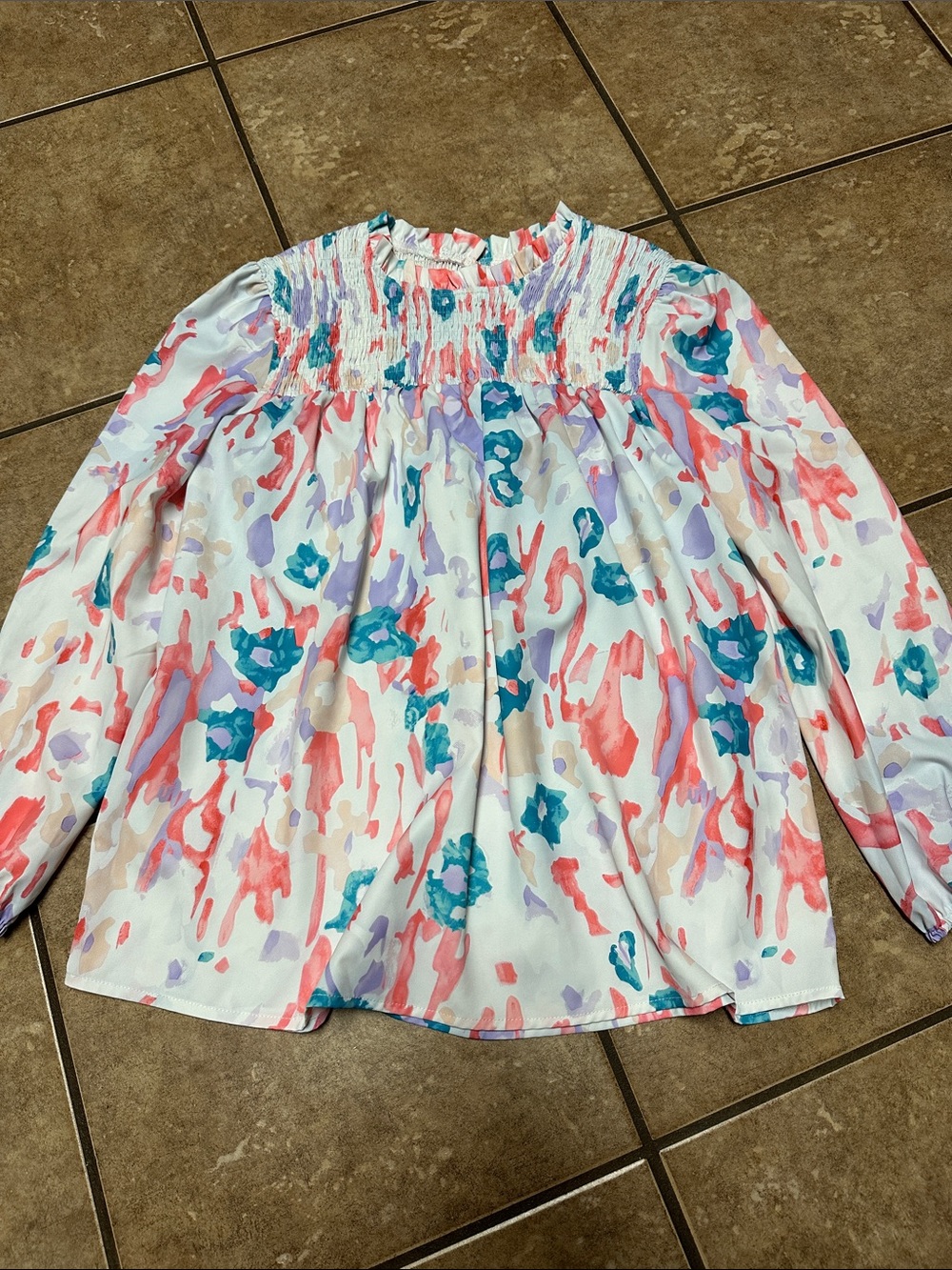 Watercolor Smocked Long Sleeve Blouse - Multicolor